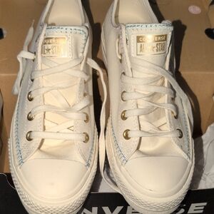 Converse Cream Canvas Low Top Sneakers with Light Blue Stitching